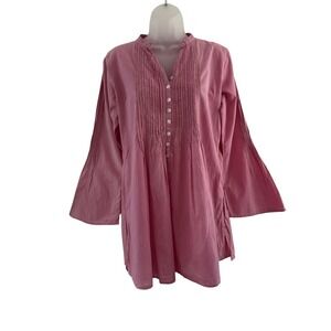 Roberta Freymann Tunic Top Womens M Pink Pintuck Embroidered Boho Peasant Cotton